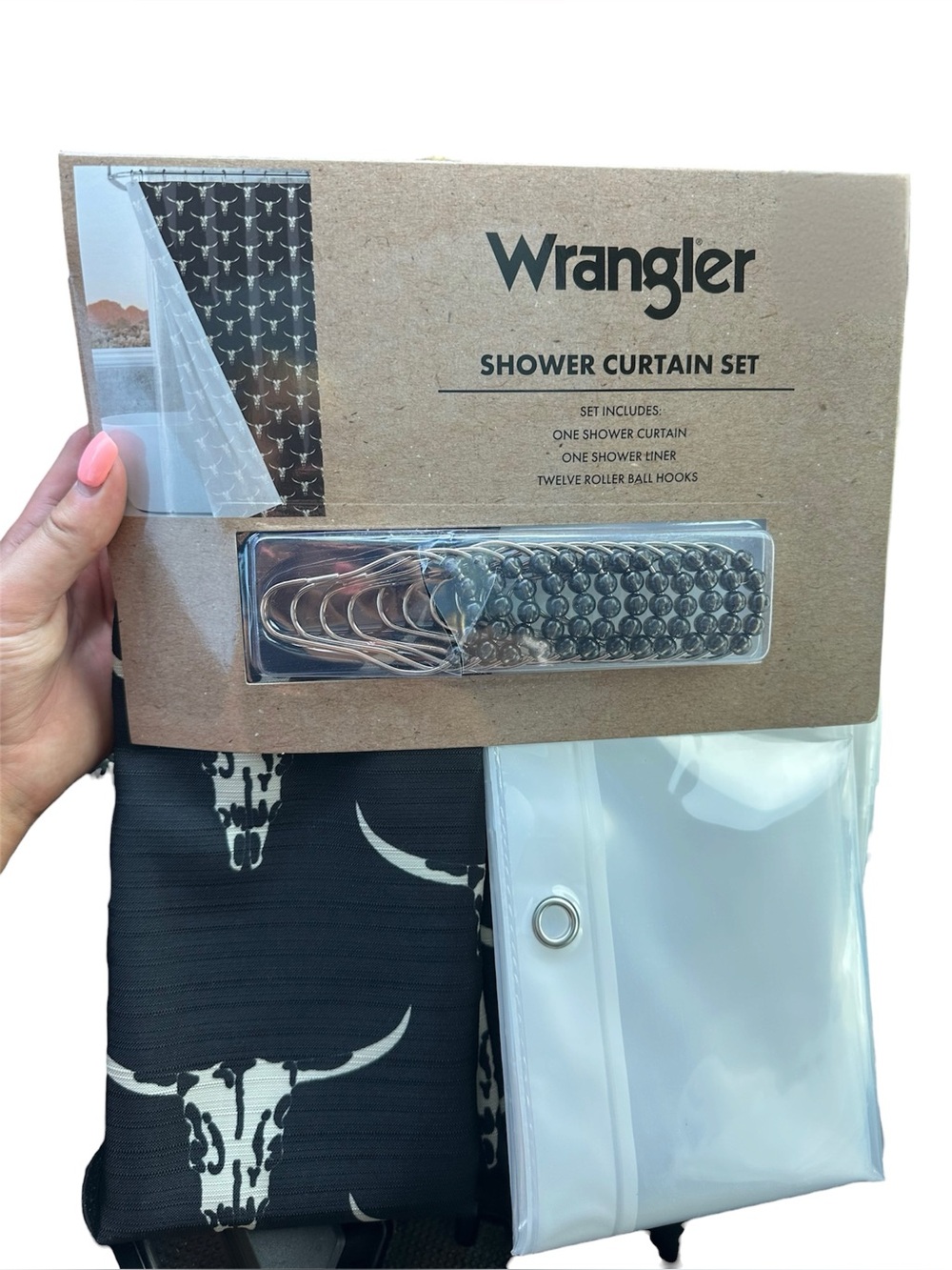 Black Cow Wrangler Shower Curtain Set with Hooks - Western Cowboy Style NWT